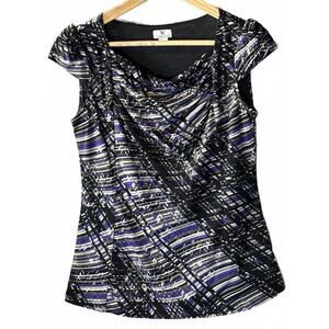 Worthington Women's Medium Black and Purple Patterned Top with Beaded Detail